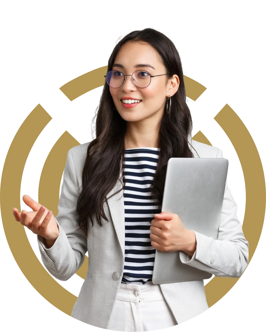 happy recruitment specialist holding laptop