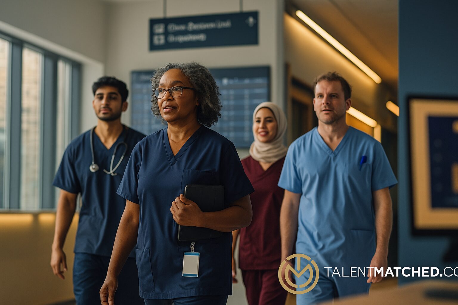 Diverse NHS healthcare professionals including nurses and doctors standing together in modern hospital corridor representing UK healthcare workforce